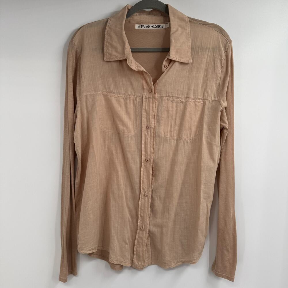 Michael Stars Luxe Slub Voile Button Up Shirt Sz 2 Light Tan Supima Mixed Media